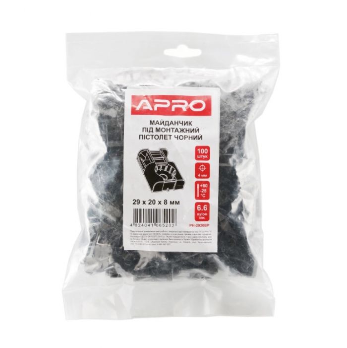 Майданчик під монтажний пістолет 29х20х8мм для кабельної стяжки до 10мм з отвором чорна (пач. 100шт.) APRO