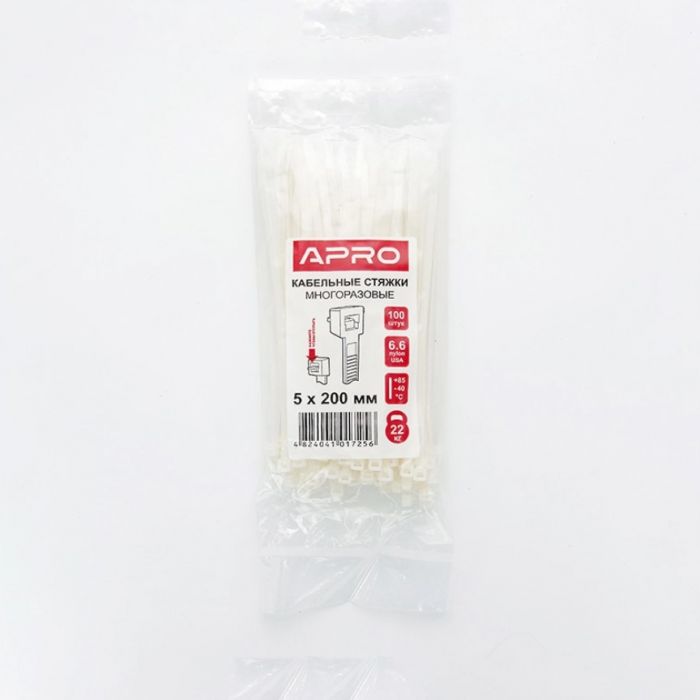 Кабельна стяжка багаторазова 5*400мм біла (пач 100шт) APRO