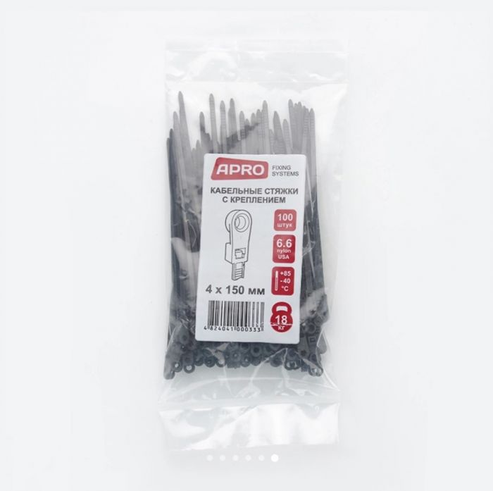 Стяжка кабельна з кріпленням 5х200 чорна (пач 100шт) APRO