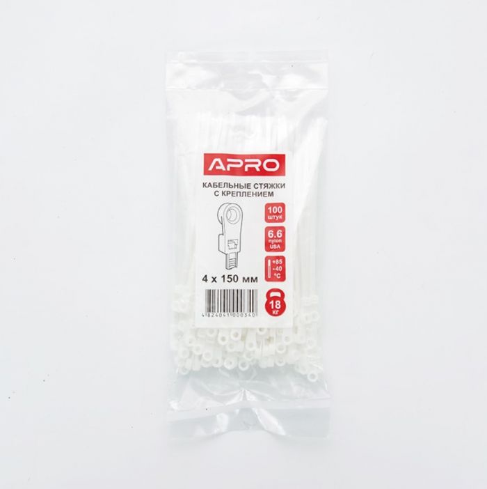Стяжка кабельна з кріпленням 4х150 біла (пач 100шт) APRO