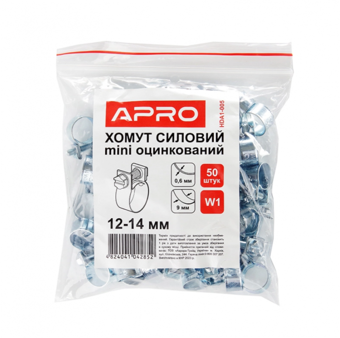 Хомут силовий Mini оцинкований W1 12-14 (пач. 50 шт) APRO